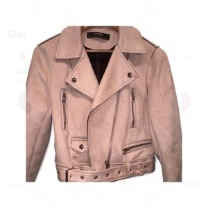 Zara Pink Moto Jacket Faux Suede Cropped Belted Size M Biker Zip Cuffs Y2K chic